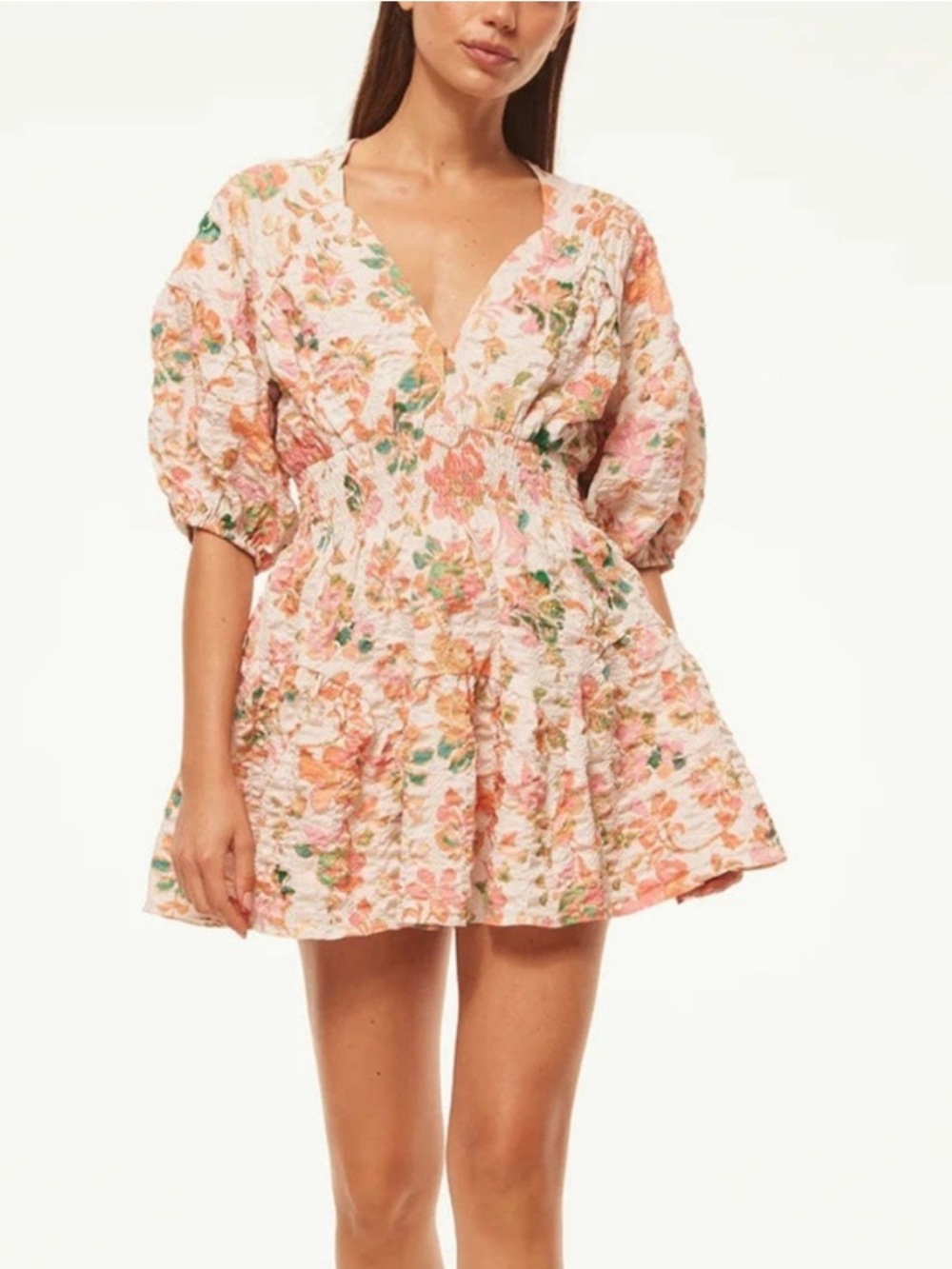 MISA Los Angeles Persimmons Crinkle Floral Puff-Sleeve Mini Dress